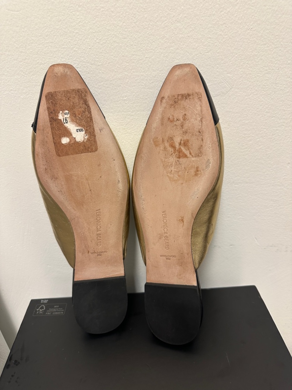 Veronica Beard Carlotta Metallic Gold and Black Leather Slip-On Mules, so comfy - Picture 4 of 9